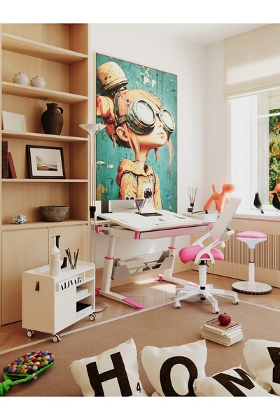 Creo Mobili Sirius Premium Plus Çekmeceli Kız Çocuk Çalışma Masası + Sandalye + Keson + Tabure - Ekru/Fuşya
