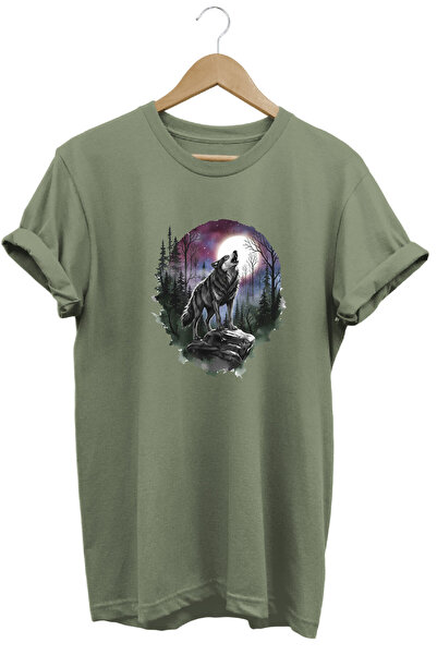 onsrawear Tricou basic kaki din bumbac 100%, cu design imprimat Lupul care ur...
