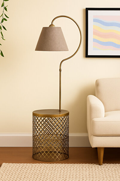 VENON Sehpalı Lambader Elips Siyah Sarı Patine ⭐️Kahverengi Kumaş Şapka ⭐️Salon Köşe Lambası Dekoratif