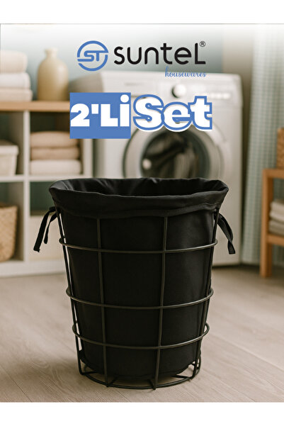 Suntel 2'li Set Siyah Metal Çerçeveli Kirli Sepeti - Çıkarılabilir Kumaş İç A...