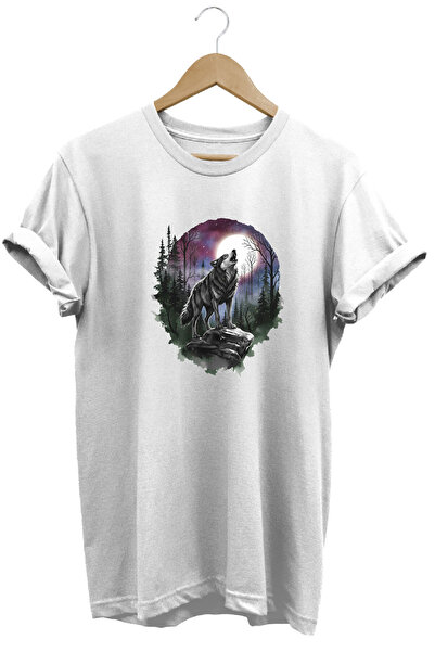onsrawear Tricou de bază alb, 100% bumbac, cu design imprimat Lupul care urlă...