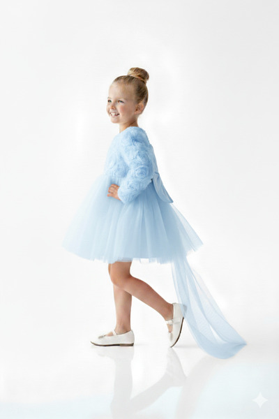 ALYRA Kız Bebek Elbise Uzun Kollu Fiyonklu Güllü Doğum Günü Parti Düğün Özel Gün Abiye Kız Çocuk Elbise