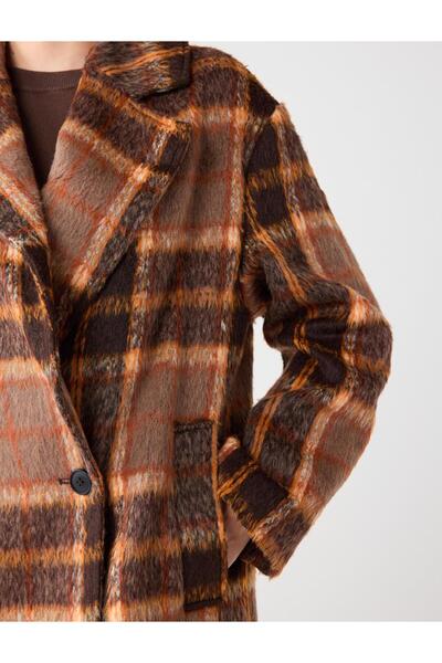 Jimmy Key Orange Double-Breasted Collar Plaid Patterned Cashmere Coat