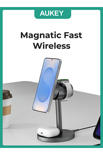 AUKEY MagFusion G Qi2 3-in-1 Magnatic Fast Wireless Samsung Charging Station LC-MC311G, Gray