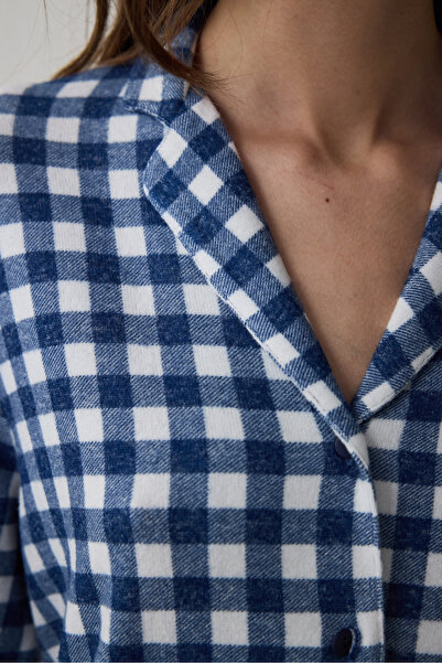 Penti Navy Blue Plaid Shirt Collar Thermal Effect Pajama Set