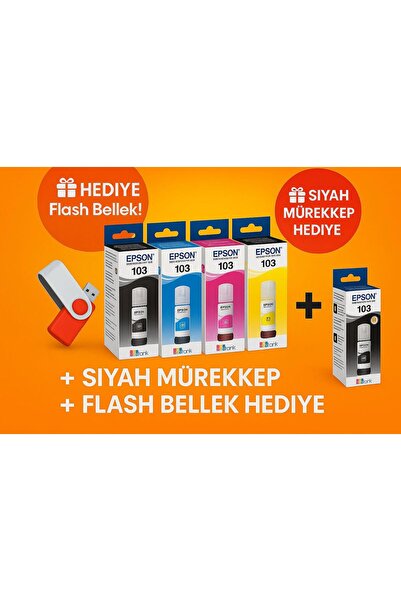 EPSON 103 Hediyeli L3250 Siyah Ve Renkli Mürekkep Seti 65ml*4 + 1 Siyah Hediye