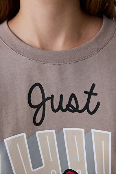 Penti Koyu Bej Just Chill Mickey Mouse Baskılı Pamuklu Uzun Kollu Gecelik