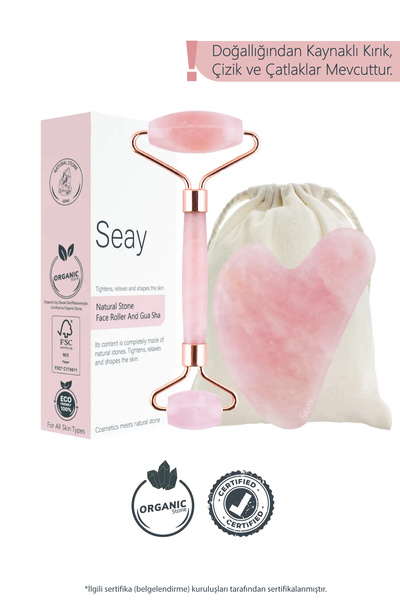 Seay Pembe Kuvars Roller Ve Pembe Kalp Gua Sha Yüz Masaj Aleti Seti Keseli Değerli Doğal Taş Sertifikalı