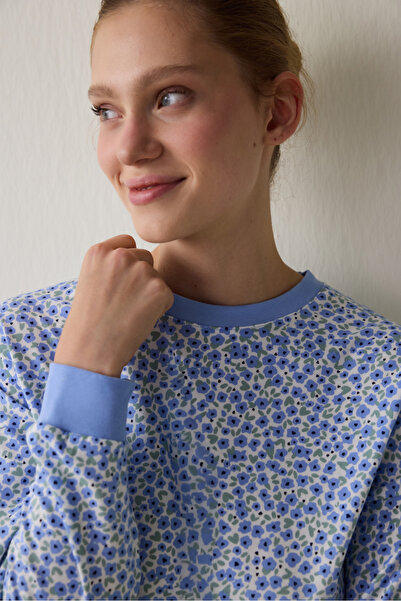 Penti Blue Floral Pattern Crew Neck Cotton Long Sleeve Pajama Set