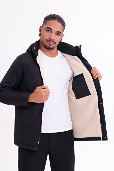 Montland Pánský černý zimní kabát a bunda s kapucí, plyšovou podšívkou, odolný proti vodě a chladu