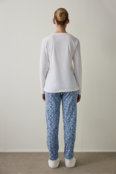 Penti Cup of Tea Patterned V-Neck Cotton Long Sleeve Pajama Set