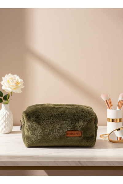Moserini حقيبة مكياج من القطيفة الناعمة باللون الكاكي - حجم كبير XL لتنظيم أدوات التجميل والسفر، بطانة عالية الجودة