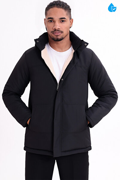 Montland Pánský černý zimní kabát a bunda s kapucí, plyšovou podšívkou, odolný proti vodě a chladu