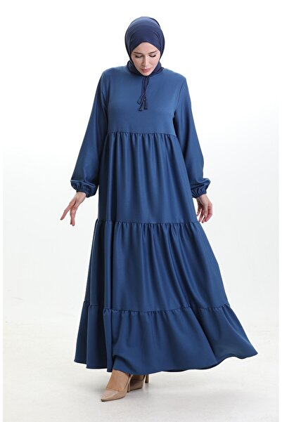 sefamerve Collar Lace-Up Layered Dress 4107-15 Navy Blue