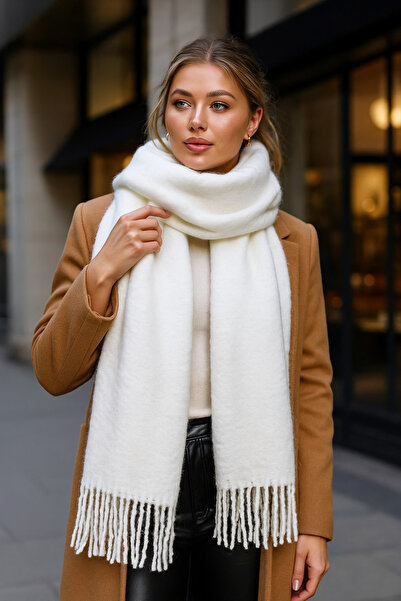 Luminos Butik White Tassel Thick Shawl - Soft Texture, Warm, Multi-Purpose Daily and Special Accessory! Sal1257