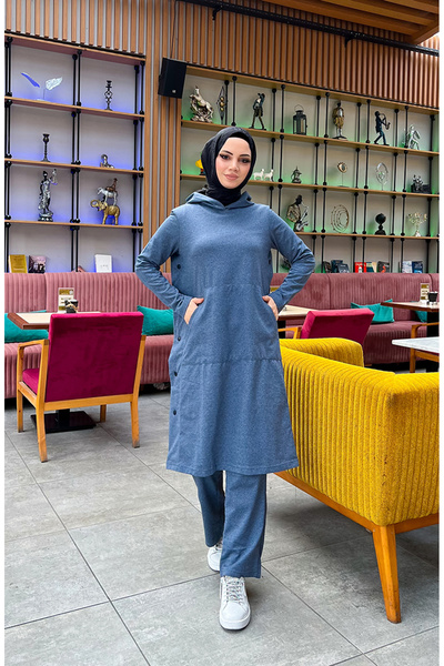 sefamerve Σετ αθλητικής φόρμας με δύο κλωστές με λεπτομέρεια κουμπώματος 3071-07 Indigo