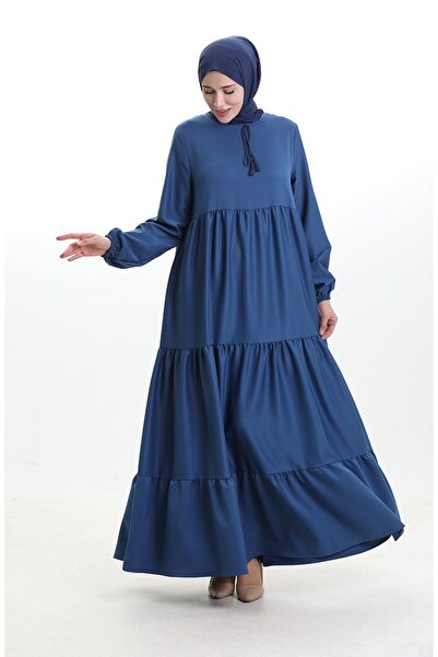 sefamerve Collar Lace-Up Layered Dress 4107-15 Navy Blue