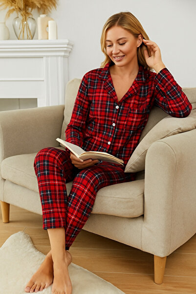 Fanwet Women's Suede Velvet Long Sleeve Plaid Front Button Shawl Collar Plaid Pattern Red Shirt Pajama Set