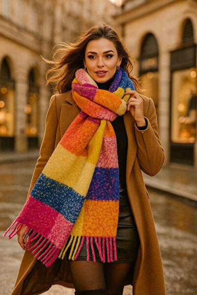 Luminos Butik Φούξια καρό πλεκτό κασκόλ - Κίτρινο μπλε πορτοκαλί καρό φούντα Sal1256