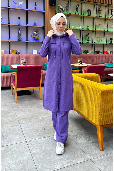 sefamerve Σετ αθλητικής φόρμας με κουμπιά με κουκούλα 3072-01 Μωβ