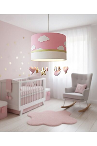 Leobabyroom Pembe Bulutlu Gold Şeritli Kuğu Gold Yıldız Pembe Kalp Figürlü Ço...