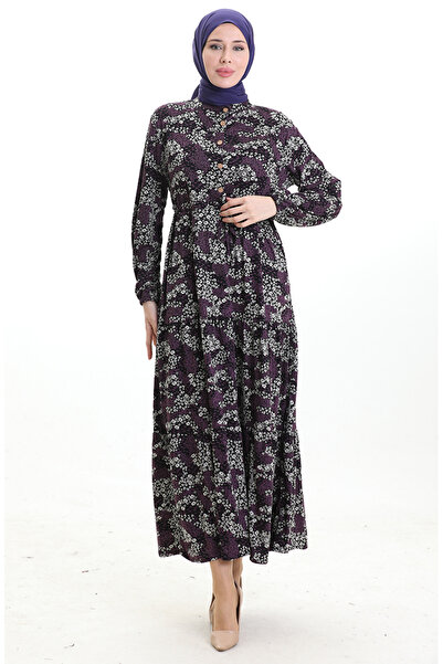 sefamerve Hakim Yaka Beli Bağcıklı Desenli Elbise 0200-03 Siyah Mor