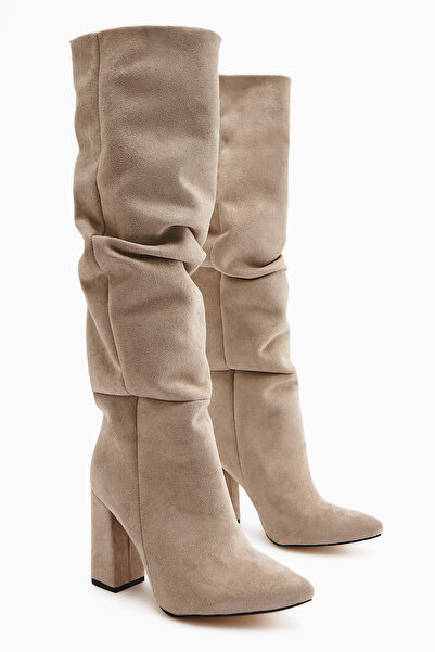 Limoya Cizme de damă Loren Bej din piele intoarsa cu toc inalt pana la genunchi