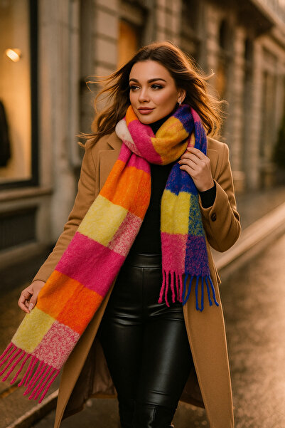 Luminos Butik Φούξια καρό πλεκτό κασκόλ - Κίτρινο μπλε πορτοκαλί καρό φούντα Sal1256