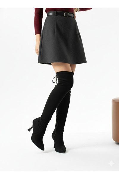 CICIKIZ Black Women's Daily Comfortable Fit Above Knee Suede Stretch Socks Zippered Thin Heel Boots