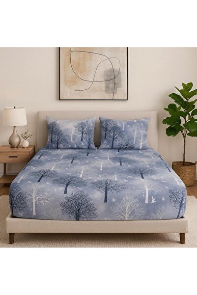 üntaş Life Двоспальне простирадло з гумкою + 2 наволочки, синє дерево