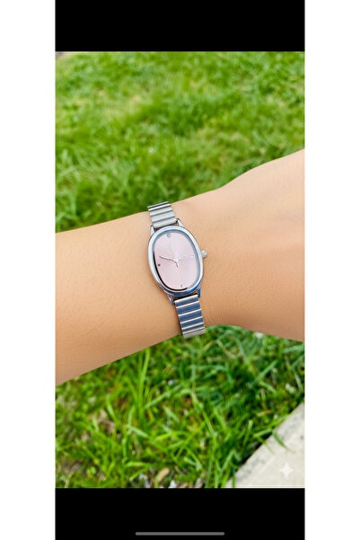 Yegane Oval Pembe Kadran Çelik Kordon Kadın Kol Saati Gümüş Renk