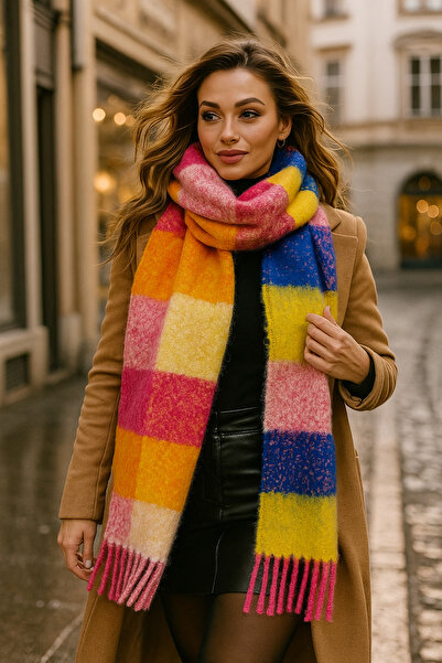 Luminos Butik Φούξια καρό πλεκτό κασκόλ - Κίτρινο μπλε πορτοκαλί καρό φούντα Sal1256