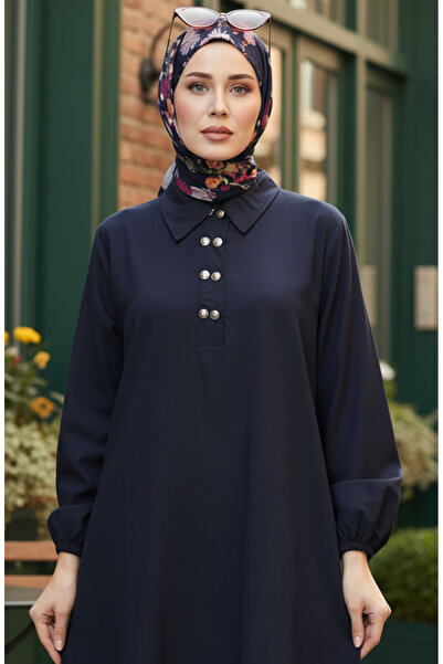 sefamerve Shirt collar tunic pants double set 0123-05 navy blue