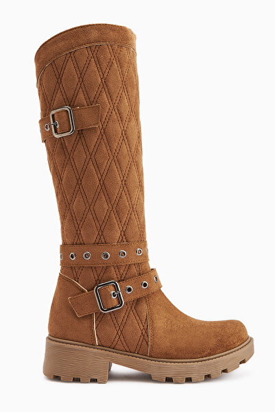 Limoya Carma Brown Suede Belt Detailed Quilted Stitching Women's Boots