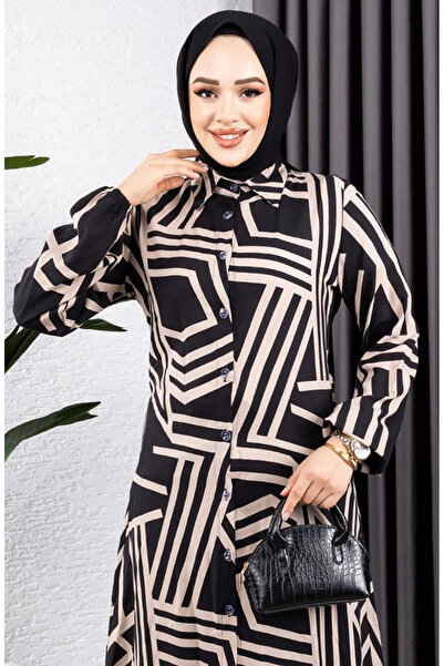 sefamerve Geometric pattern viscose tunic 0173-01 black mink