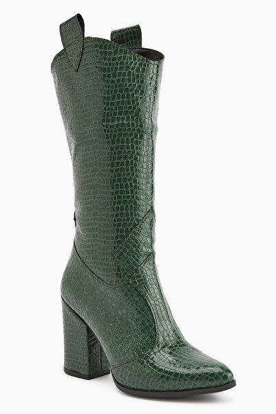 Limoya Κοντές γυναικείες μπότες Keri Green Crocodile Asymmetric Cut με τακούνι
