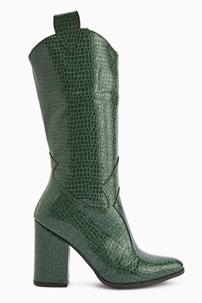 Limoya Κοντές γυναικείες μπότες Keri Green Crocodile Asymmetric Cut με τακούνι