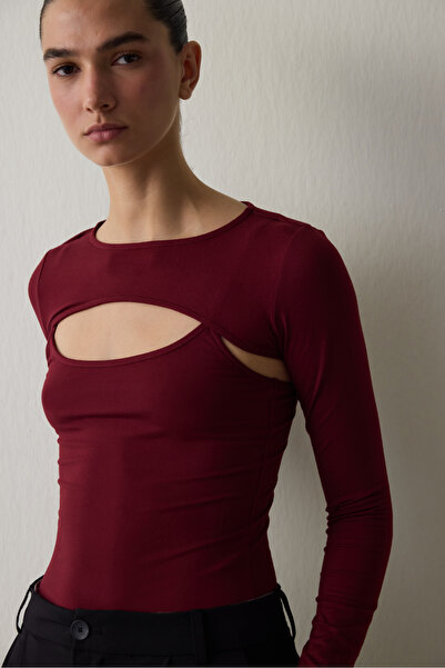 Penti Burgundy Crew Neck Long Sleeve Bodysuit with Window Detail