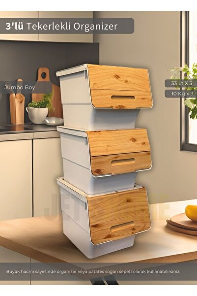 Jet's Home 3'lü Jumbo Tekerlekli Patates Soğan Sepeti Bambu Desen Soğanlık Motek 99 Lt