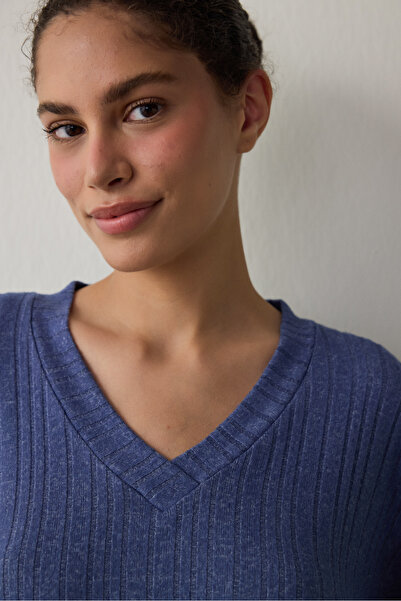 Penti Navy Blue Cozy V-Neck Long Sleeve Pajama Set