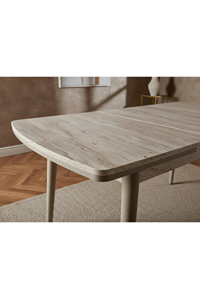 DENGEMA Berlin Açılır Dikdörtgen Masa – Traverten, Kapuçino Ayak, 80×130 → 160 cm (Sandalyesiz, 4–6 Kişilik)