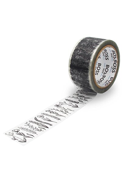 Boss Tape Çiçek Desenli Şeffaf Üzeri Siyah Baskılı Koli Bandı En:50mm Boy:66mt