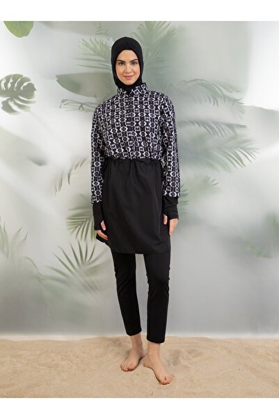 Mayo Bella Costum de baie acoperit complet cu model de fagure - alb-negru - costum de baie Bella