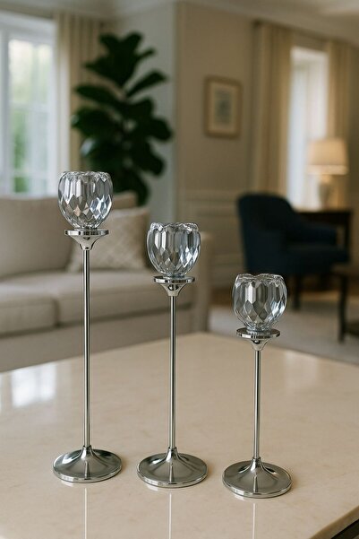 Arma House Gümüş Renkli 3'lü Kristal Cam Mumluk Seti & Gümüş Dekoratif Şamdan Takımı