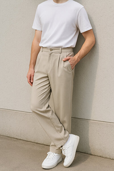 CEDY DENIM High Quality Men's High Waist Pleated Baggy Chino Pants C358-Beige