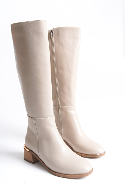 FEMME Kadın Yuvarlak Burun Fermuarlı Kalın Topuklu Günlük çizme Honera Bej Cilt