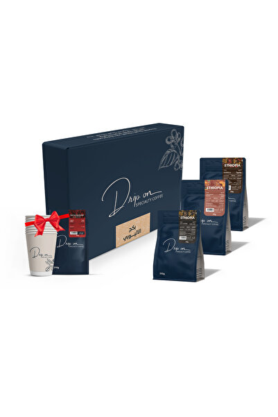 Drip on coffee بكج الاثيوبيات 3 محاصيل 250 جرام + قهوة تركية مجانا + 7 اكواب و ملصقات مجانية