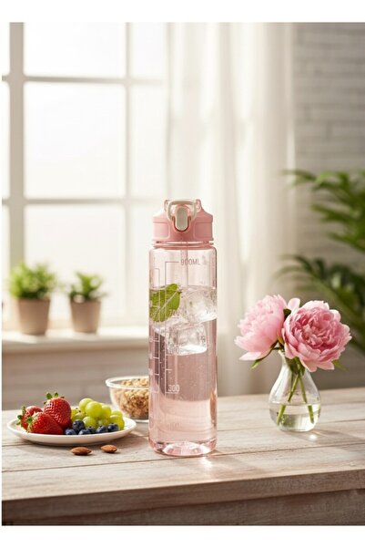 Saban Pink, Transparent Water Bottle with Straw – 900 Ml, Leak-Proof Lid Water Bottle