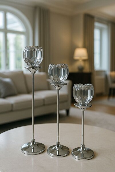 Arma House Gümüş Renkli 3'lü Kristal Cam Mumluk Seti & Gümüş Dekoratif Şamdan Takımı