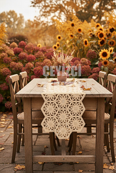 Çt Çeyizci Tekstil Fransız Dantel Detaylı Tek Runner, Masa Üzerine Runner, Masa Örtüsü Runneri Kahve